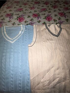Men's Cable Knit V-Neck Sweater Vest - Light Blue & Cream